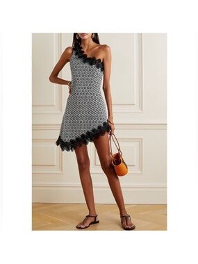 Asymmetric One-Shoulder Black & White Lace-Trim Mini Dress